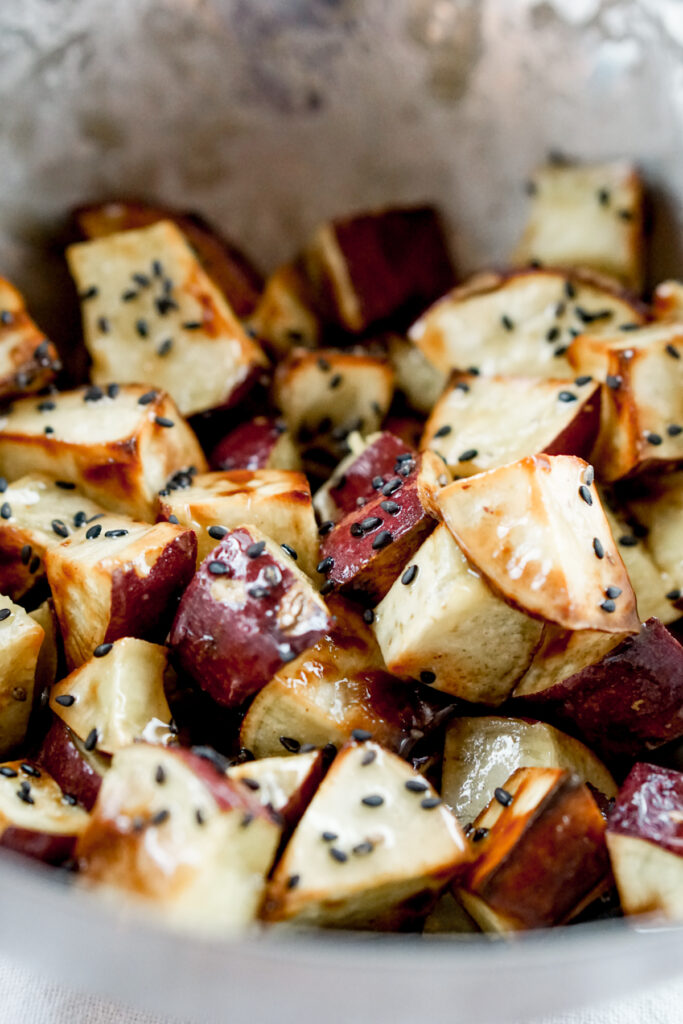 closeup of air fryer Japanese sweet potato