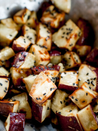closeup of air fryer Japanese sweet potato