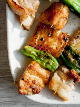 grilled mochi pork belly skewers