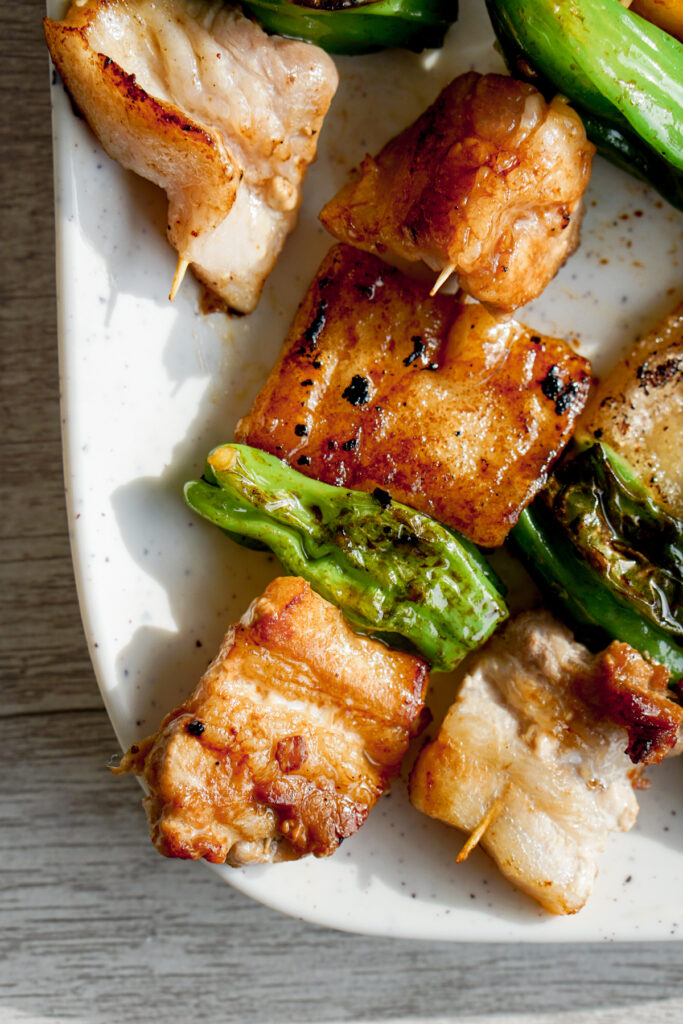 grilled mochi pork belly skewers
