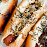 Japanese teriyaki mayo hot dog with bonito and seaweed