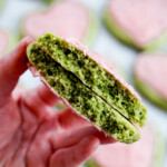 cross section view of thick and soft matcha almond cookies