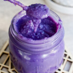 purple Okinawan sweet potato jam with spoon in jar