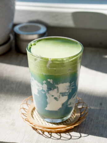 matcha cold foam over blue milk (earth day latte)