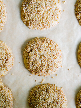 overhead shot of tahini cookies with sesame seeds
