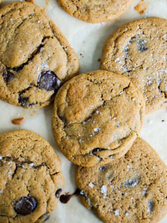 kinako whole wheat chocolate chip cookies overhead shot on tray