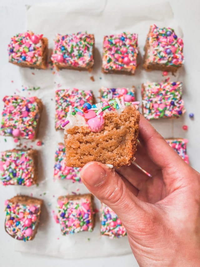 kinako brown sugar blondies with rainbow sprinkle medley