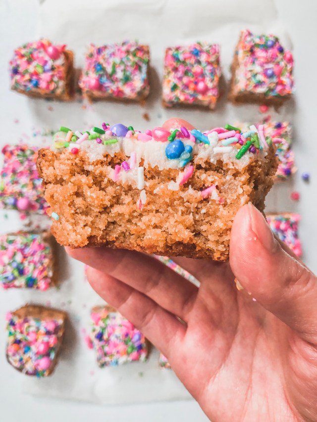 kinako brown sugar blondies with rainbow sprinkle medley