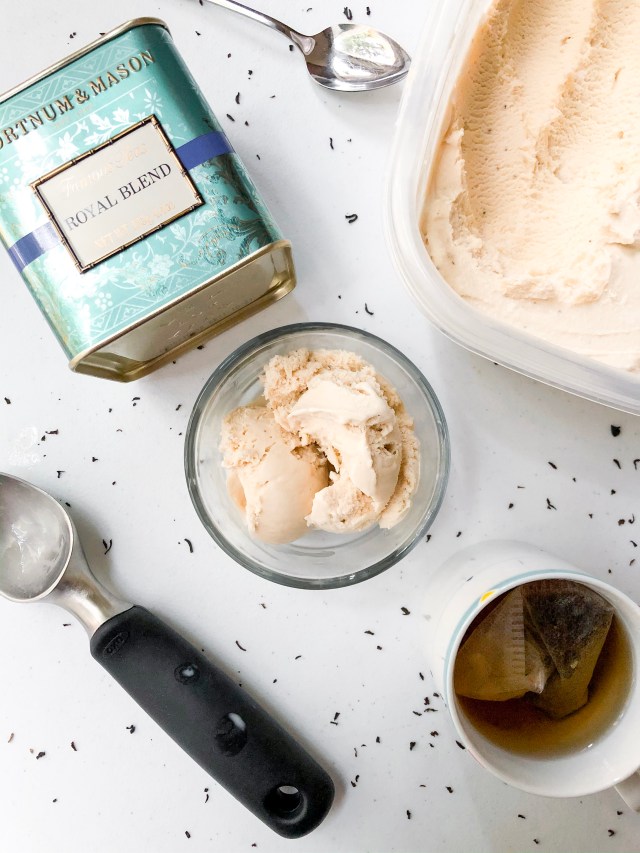 milk tea ice cream, ice cream scoop, and fortnum and mason tea