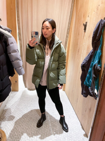 olive aritzia super puff original on petite Asian