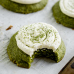 matcha latte cookie with bite taken out