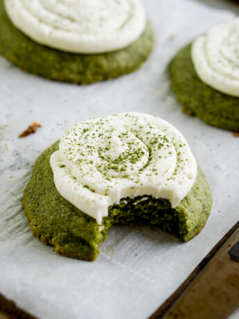 matcha latte cookie with bite taken out
