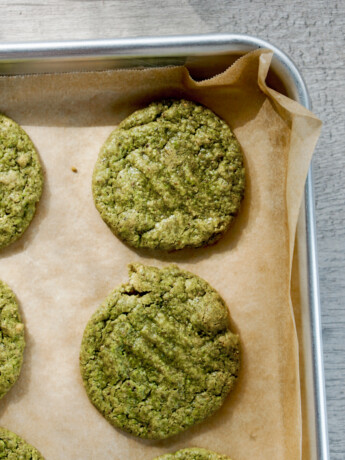 matcha pistachio cookies overhead shot on baking tray