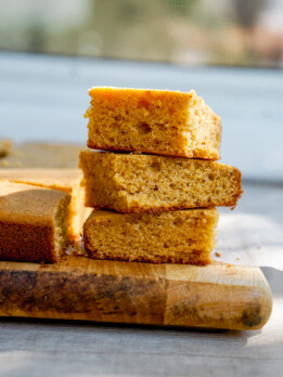 mochi cornbread closeup of stack
