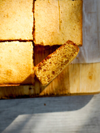 mochi cornbread overhead shot with one cross section
