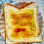 sweet potato paste on Japanese milk bread toast with bruleed top, overhead view