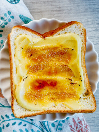 sweet potato paste on Japanese milk bread toast with bruleed top, overhead view