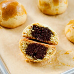 yaki manju closeup cross section showing red bean filling