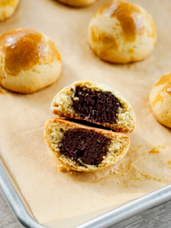 yaki manju closeup cross section showing red bean filling