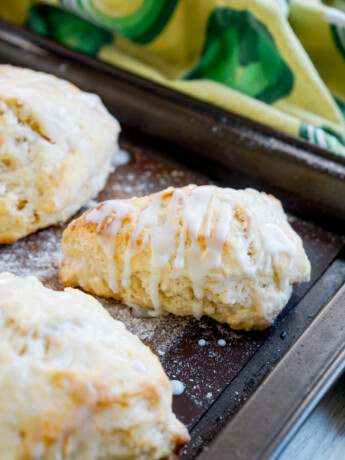 yuzu scone with drizzled glaze view from the side